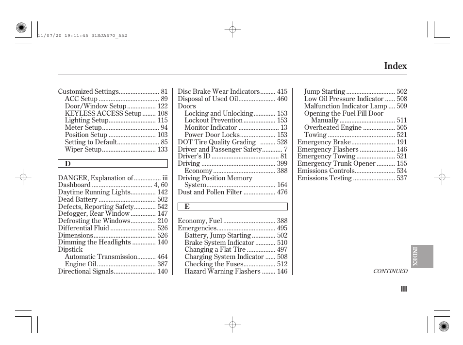Index | Acura 2012 RL User Manual | Page 553 / 562