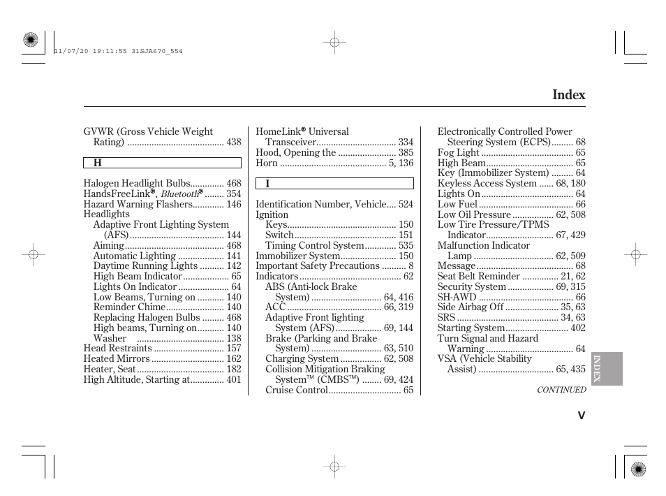 Index | Acura 2012 RL User Manual | Page 555 / 562