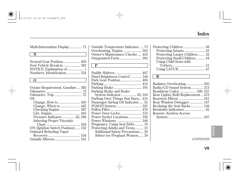 Index | Acura 2012 RL User Manual | Page 557 / 562