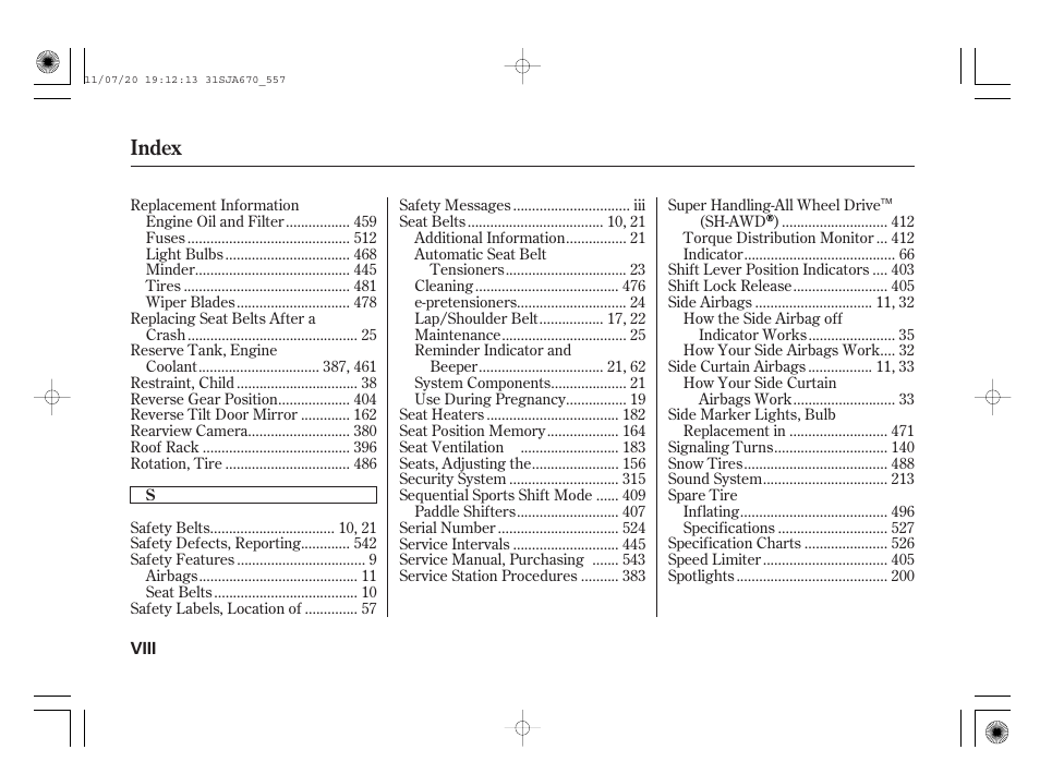 Index | Acura 2012 RL User Manual | Page 558 / 562
