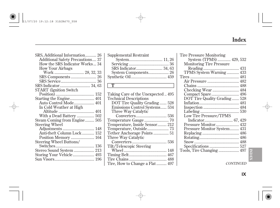 Index | Acura 2012 RL User Manual | Page 559 / 562