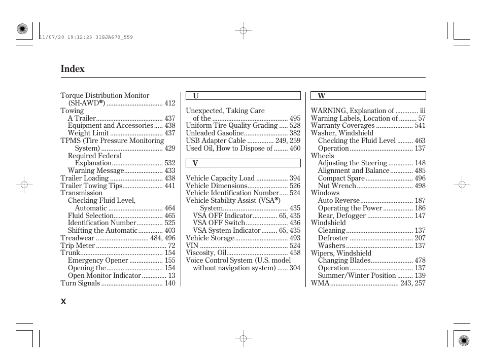 Index | Acura 2012 RL User Manual | Page 560 / 562