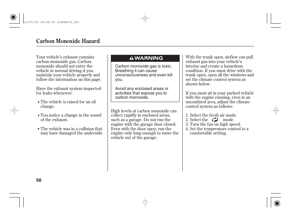 Carbon monoxide hazard | Acura 2012 RL User Manual | Page 62 / 562