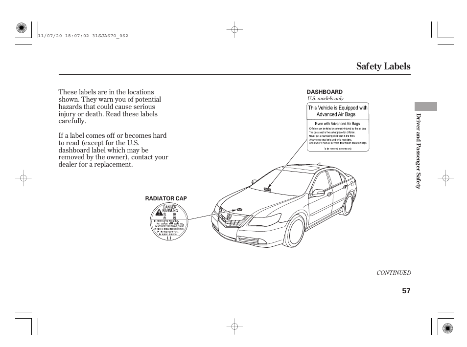Safety labels | Acura 2012 RL User Manual | Page 63 / 562