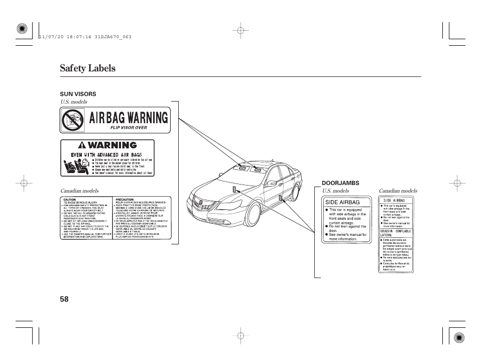 Safety labels | Acura 2012 RL User Manual | Page 64 / 562