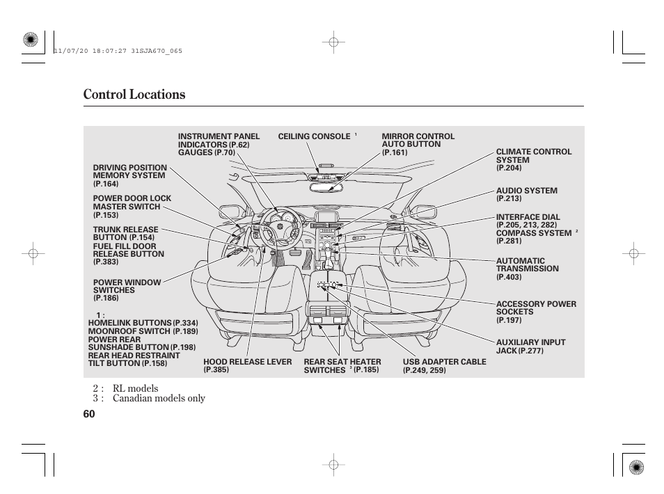 Control locations | Acura 2012 RL User Manual | Page 66 / 562
