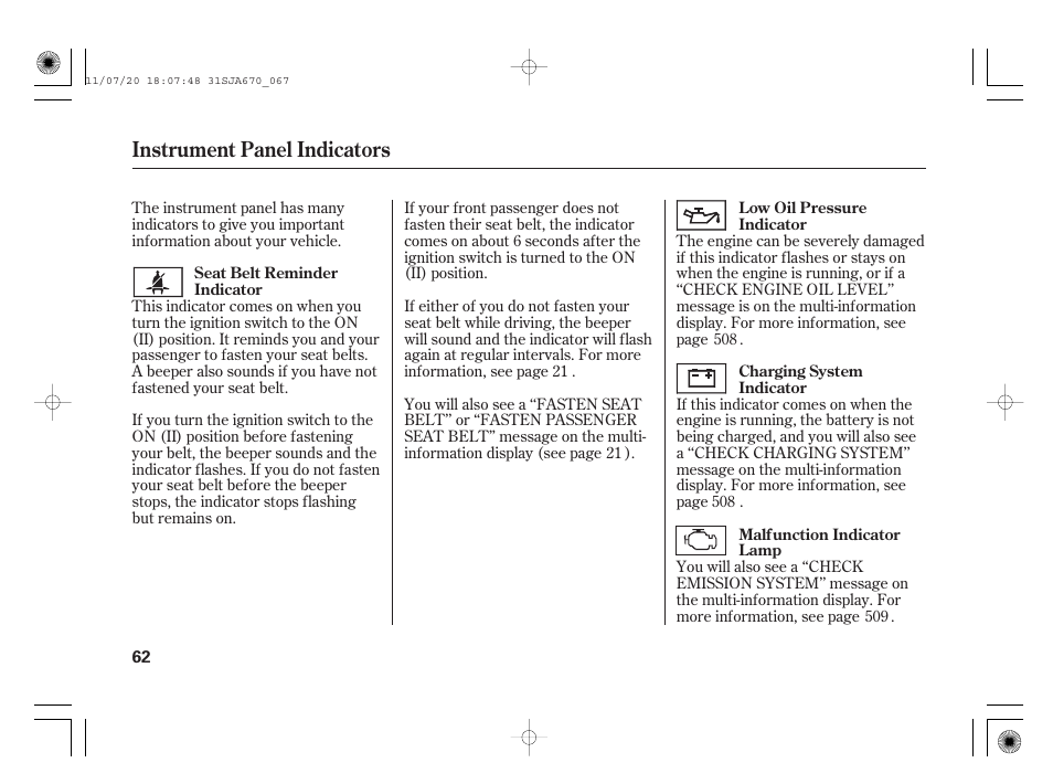 Instrument panel indicators | Acura 2012 RL User Manual | Page 68 / 562
