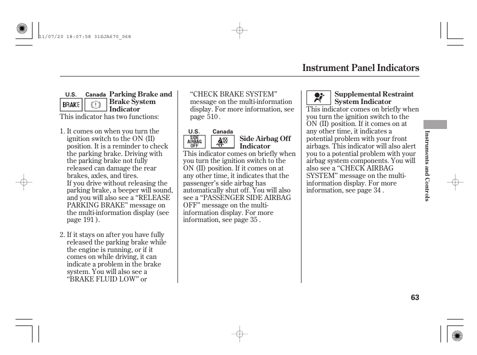 Instrument panel indicators | Acura 2012 RL User Manual | Page 69 / 562