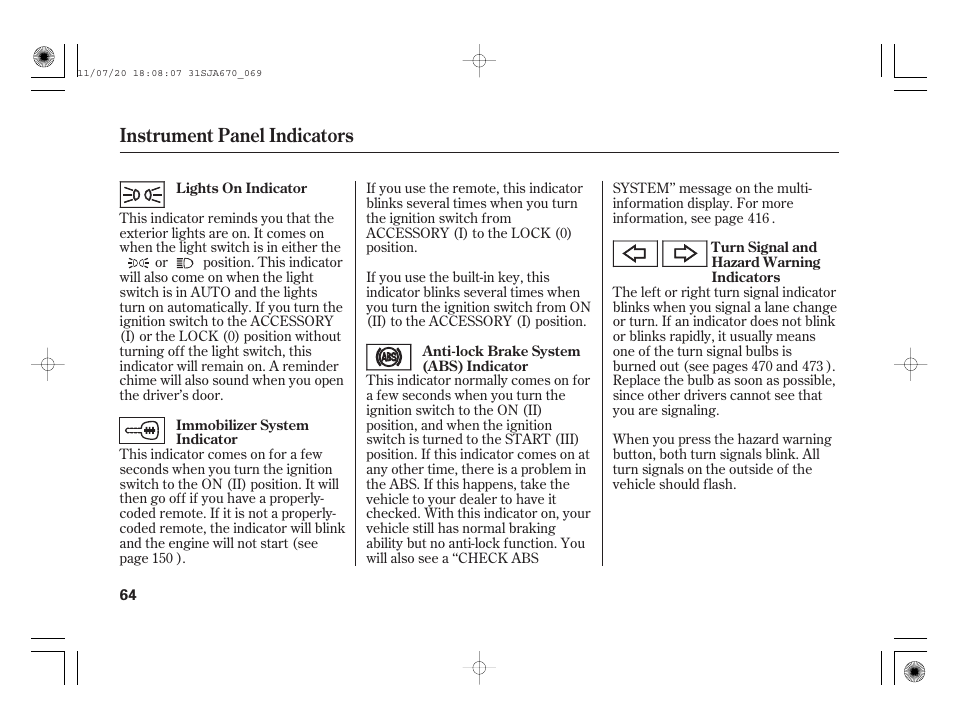 Instrument panel indicators | Acura 2012 RL User Manual | Page 70 / 562