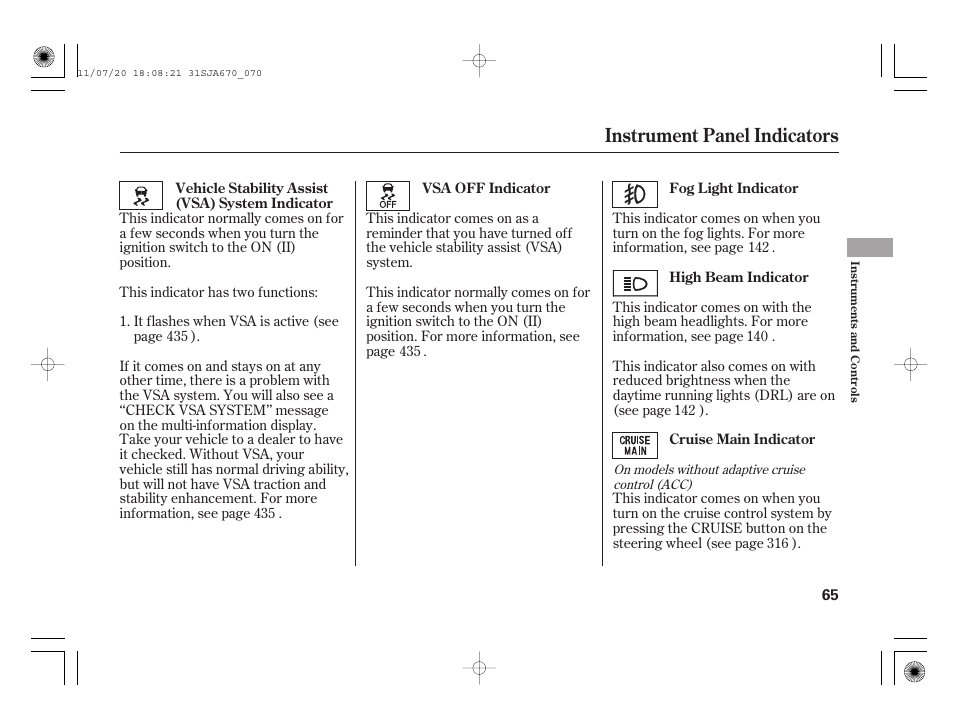 Instrument panel indicators | Acura 2012 RL User Manual | Page 71 / 562