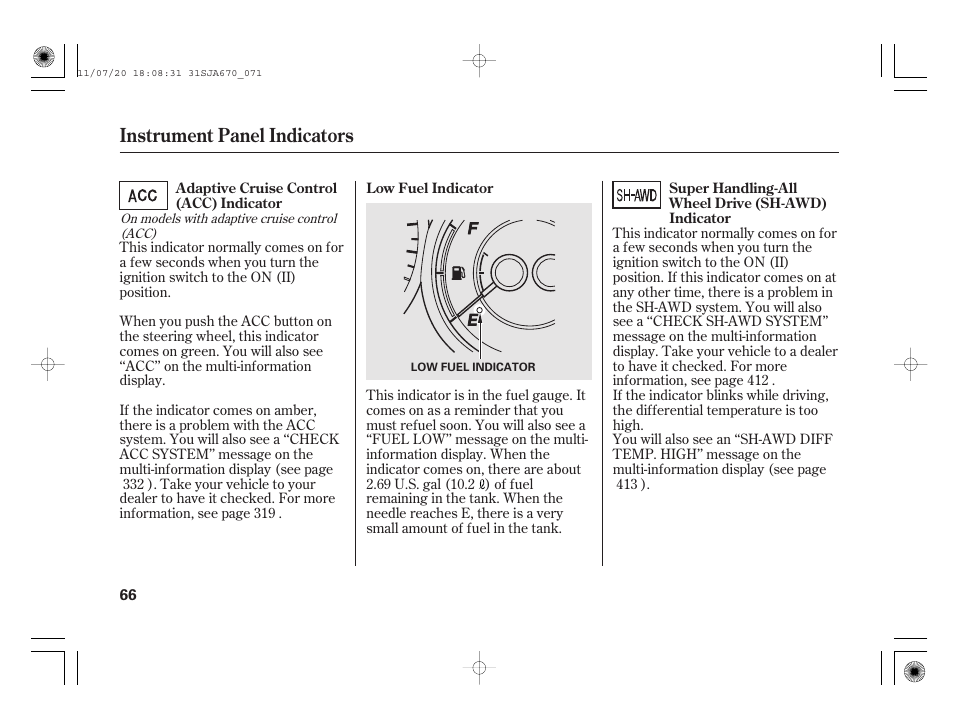 Instrument panel indicators | Acura 2012 RL User Manual | Page 72 / 562
