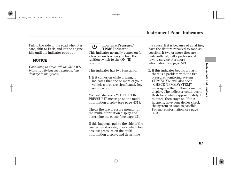 Instrument panel indicators | Acura 2012 RL User Manual | Page 73 / 562