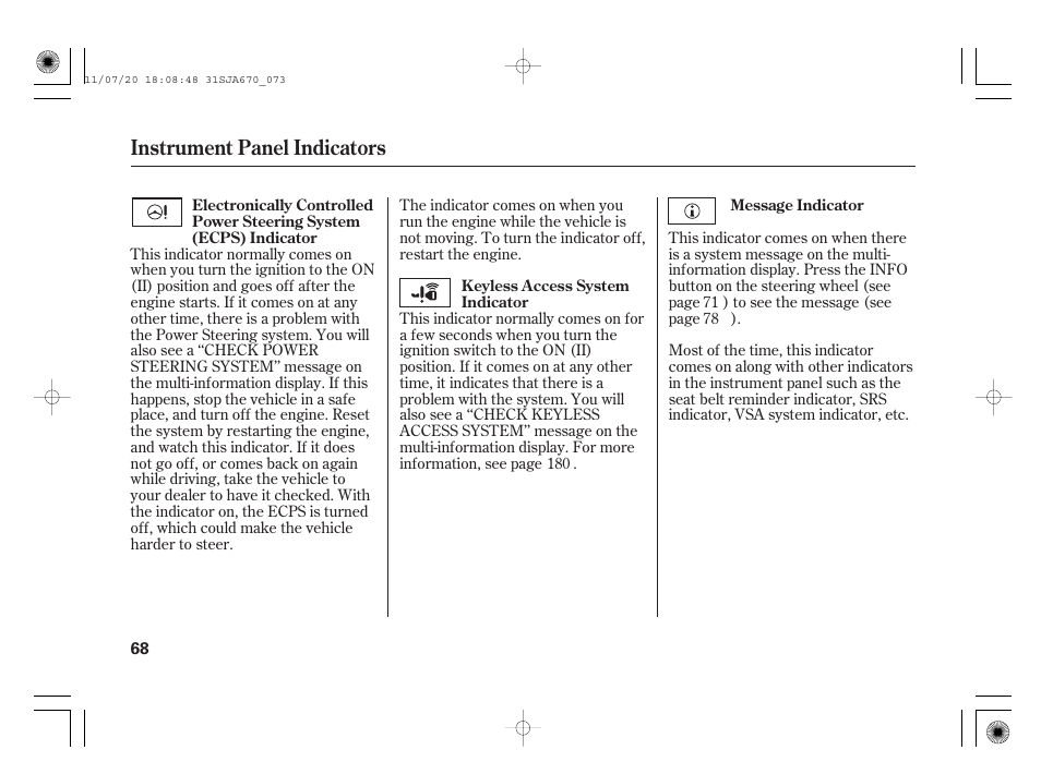 Instrument panel indicators | Acura 2012 RL User Manual | Page 74 / 562