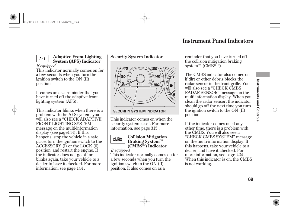 Instrument panel indicators | Acura 2012 RL User Manual | Page 75 / 562