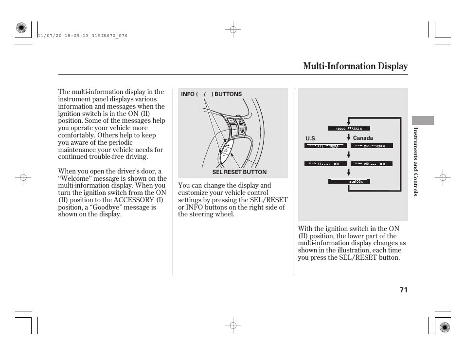 Multi-information display | Acura 2012 RL User Manual | Page 77 / 562