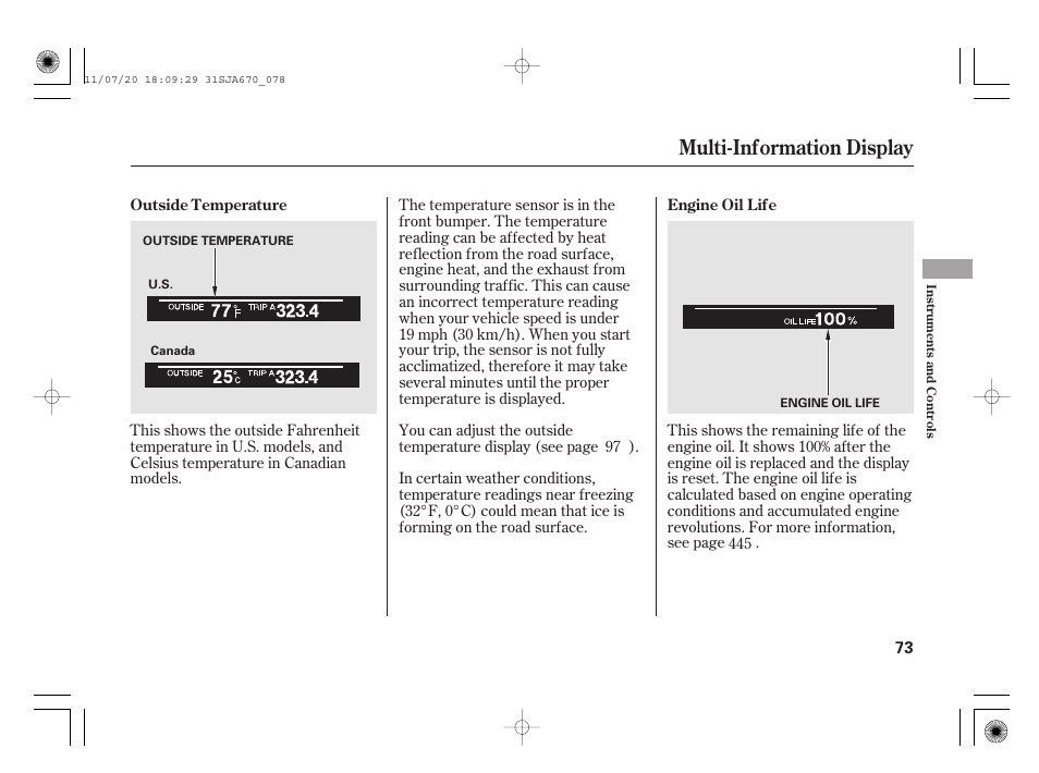 Multi-information display | Acura 2012 RL User Manual | Page 79 / 562