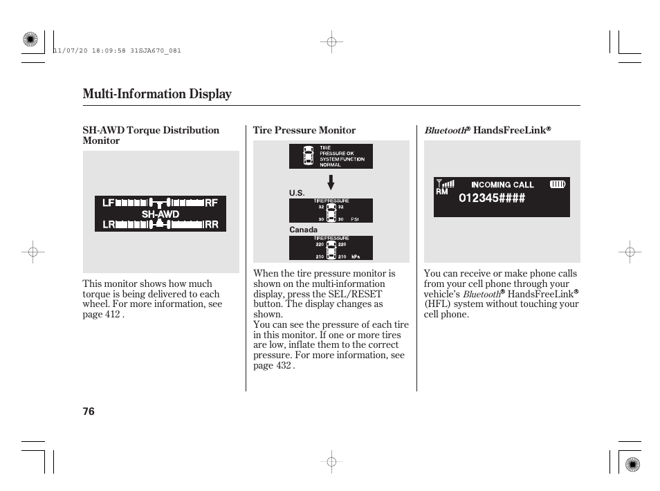 Multi-information display | Acura 2012 RL User Manual | Page 82 / 562