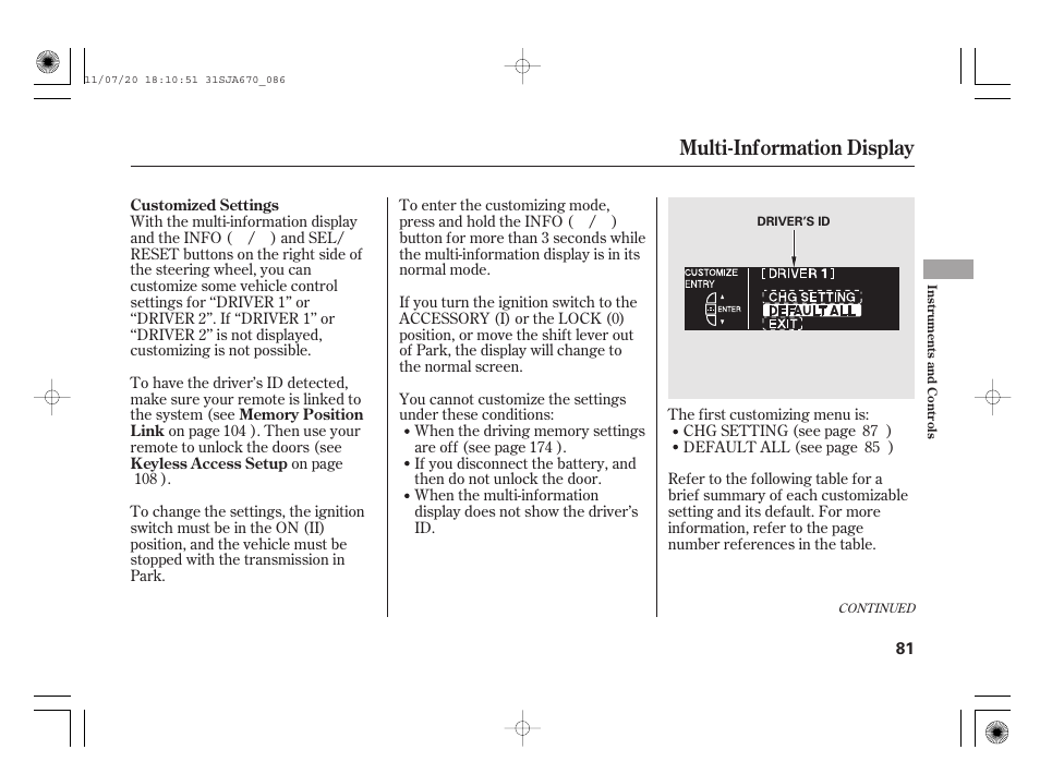 Multi-information display | Acura 2012 RL User Manual | Page 87 / 562