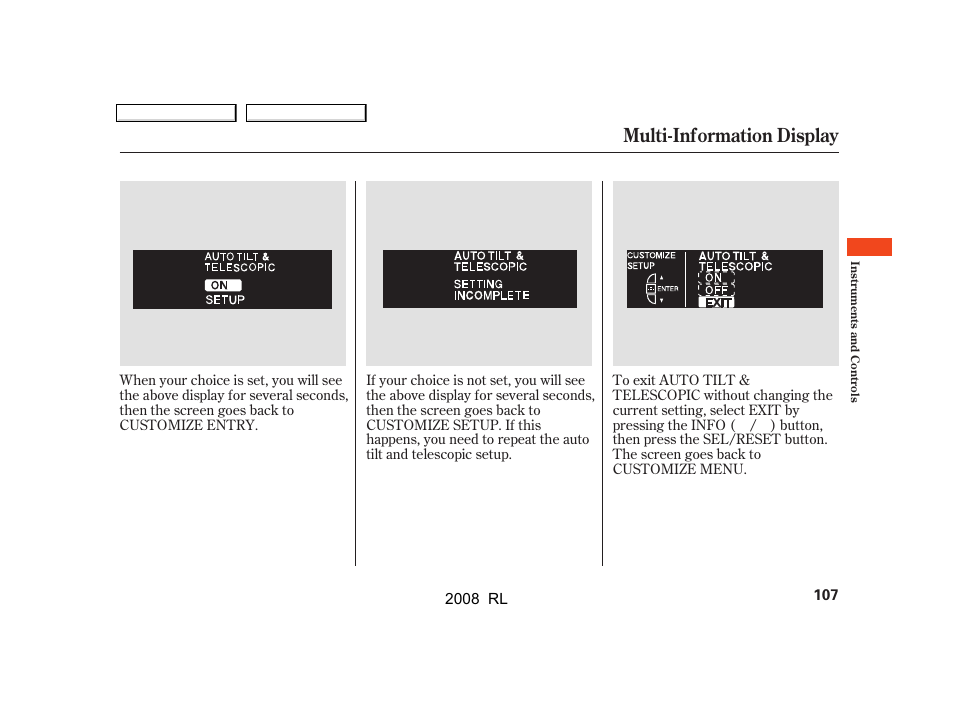 Multi-information display | Acura 2008 RL User Manual | Page 110 / 500