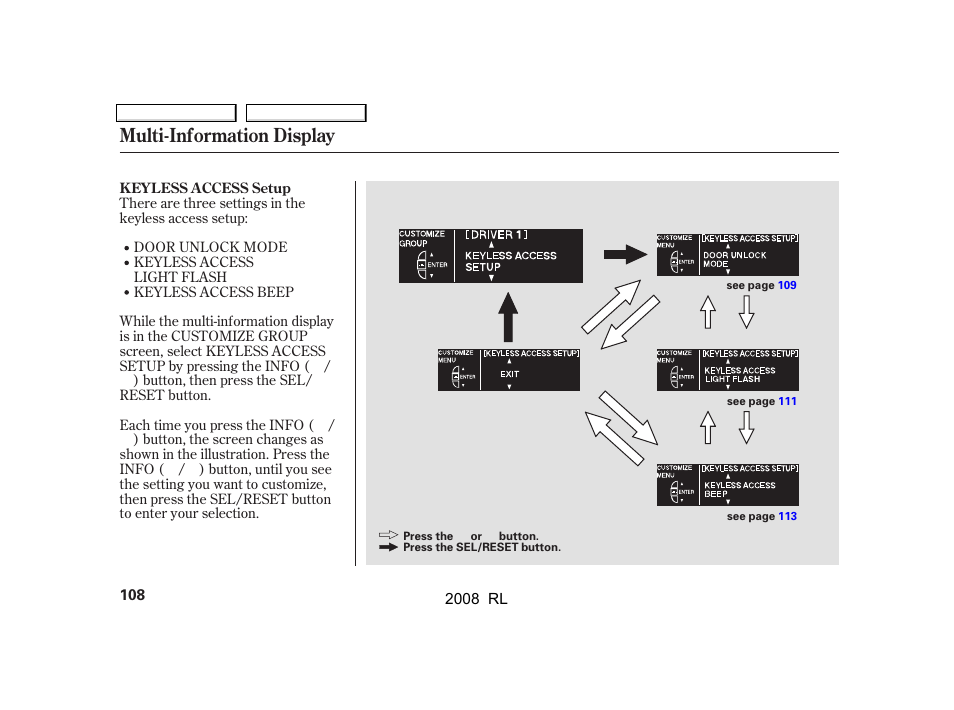 Multi-information display | Acura 2008 RL User Manual | Page 111 / 500