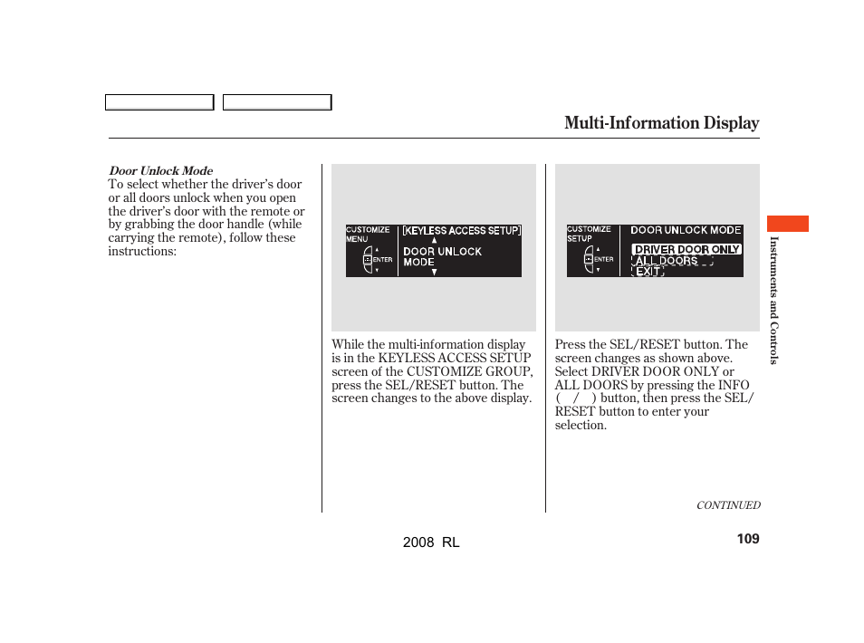 Multi-information display | Acura 2008 RL User Manual | Page 112 / 500