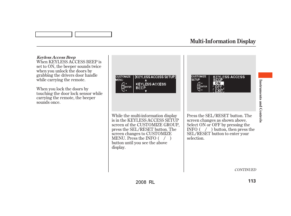 Multi-information display | Acura 2008 RL User Manual | Page 116 / 500