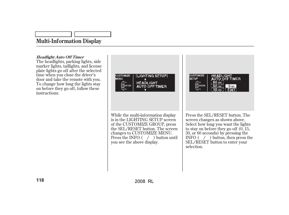 Multi-information display | Acura 2008 RL User Manual | Page 121 / 500