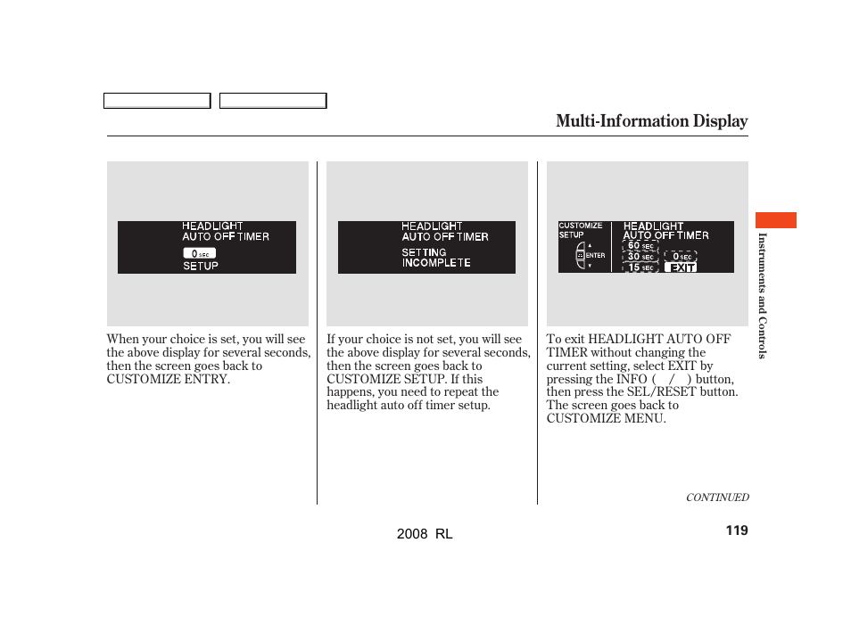 Multi-information display | Acura 2008 RL User Manual | Page 122 / 500