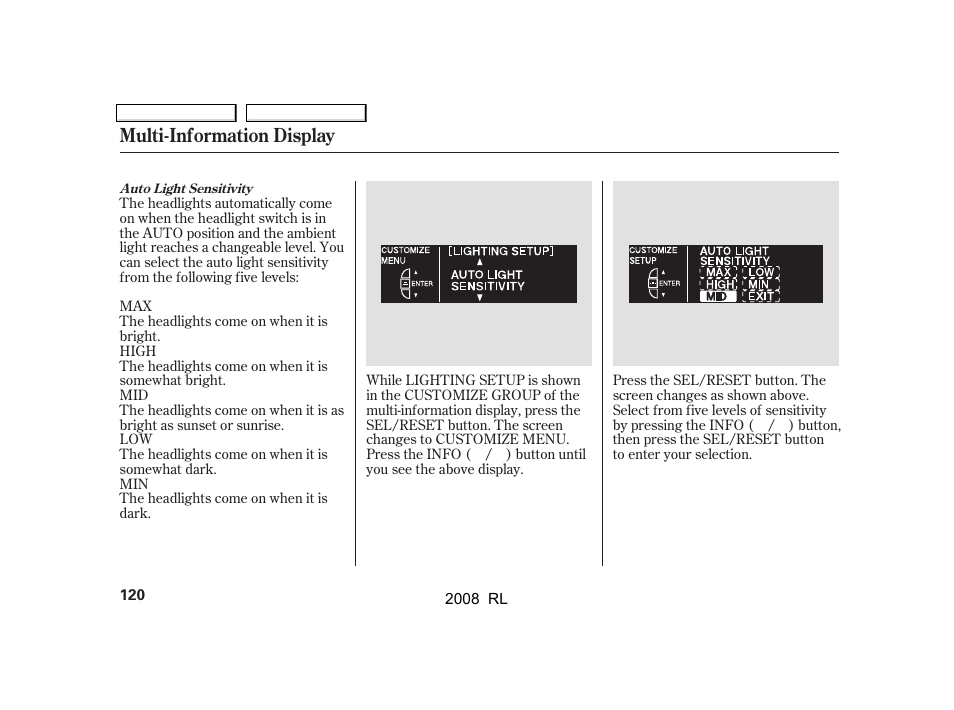 Multi-information display | Acura 2008 RL User Manual | Page 123 / 500
