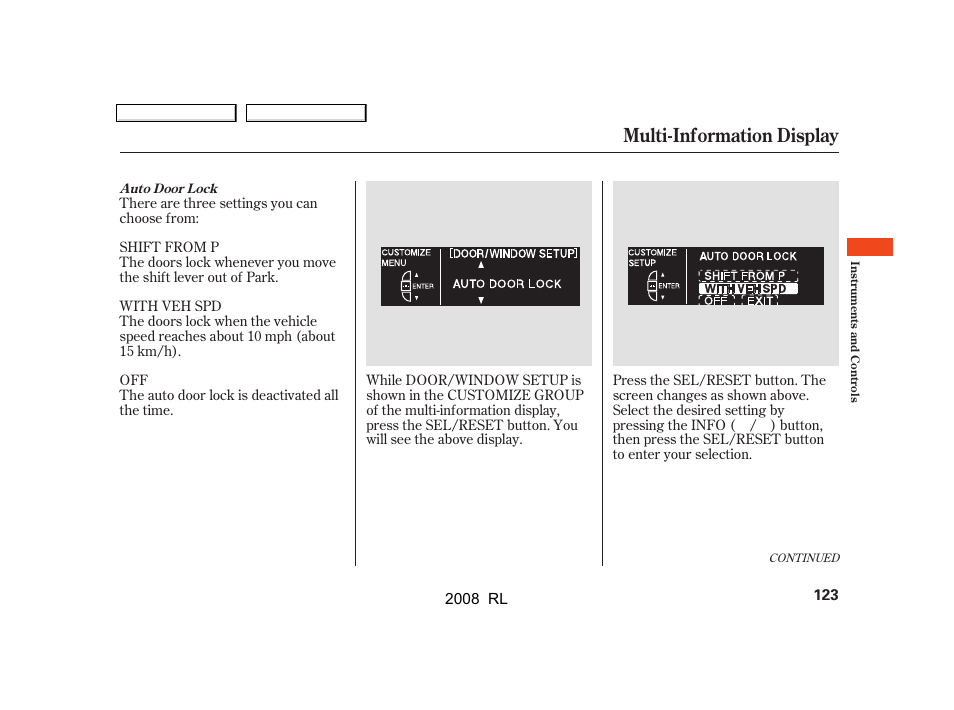Multi-information display | Acura 2008 RL User Manual | Page 126 / 500