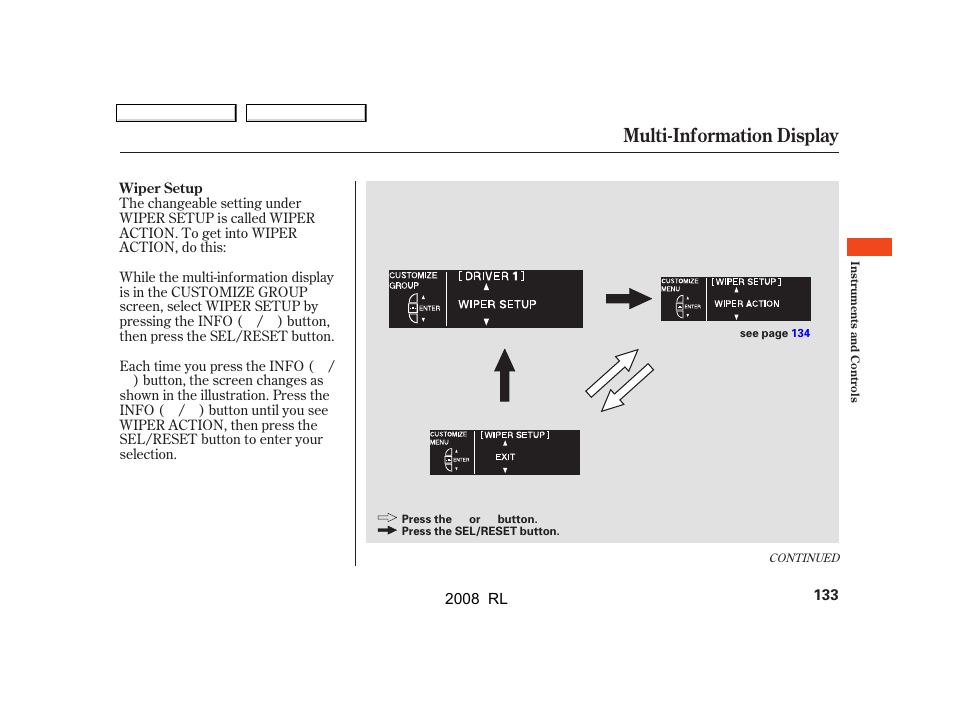 Multi-information display | Acura 2008 RL User Manual | Page 136 / 500