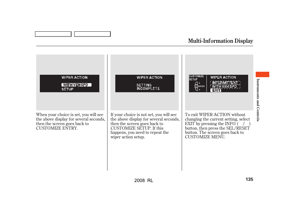Multi-information display | Acura 2008 RL User Manual | Page 138 / 500