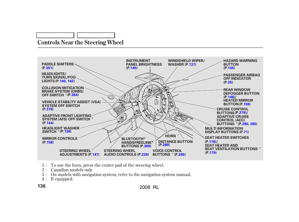 Controls near the steering wheel, 2008 rl | Acura 2008 RL User Manual | Page 139 / 500