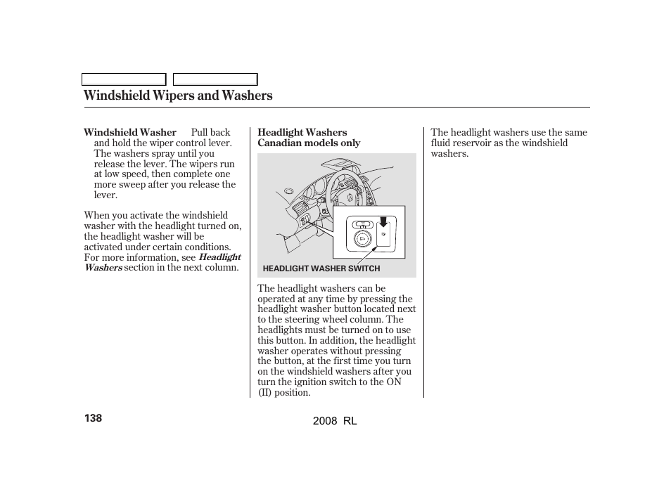 Windshield wipers and washers | Acura 2008 RL User Manual | Page 141 / 500