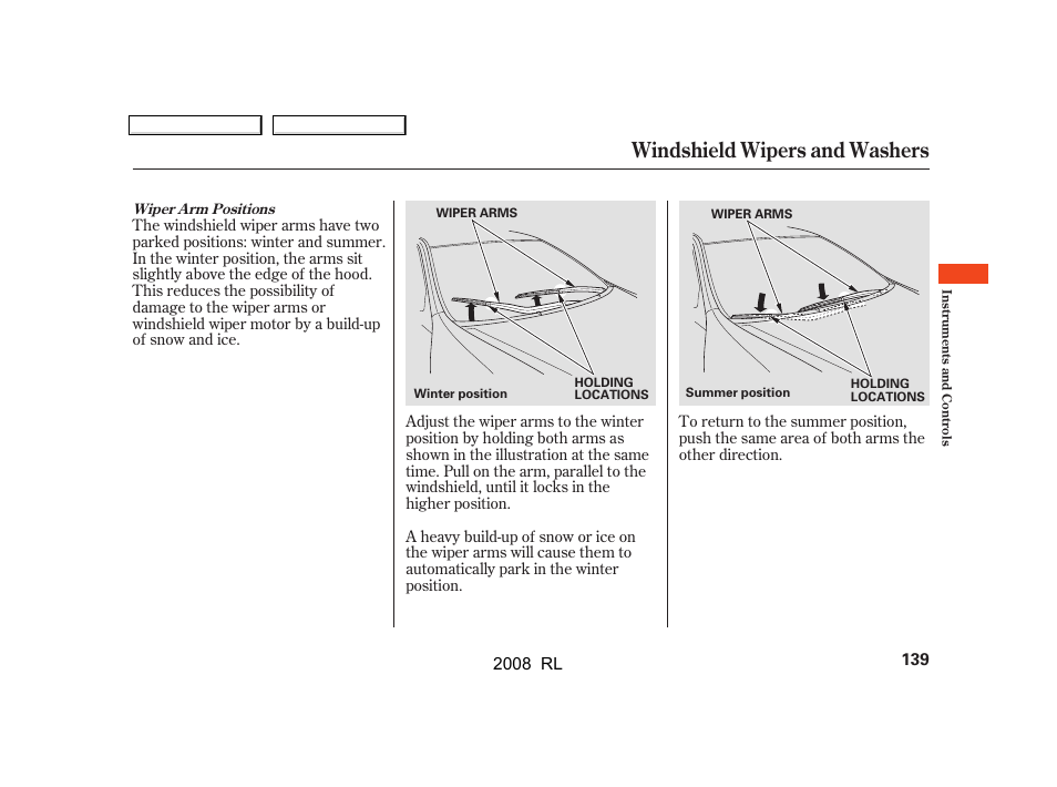 Windshield wipers and washers | Acura 2008 RL User Manual | Page 142 / 500
