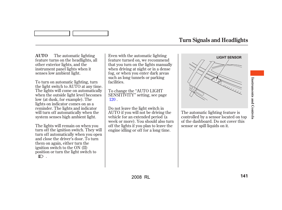 Turn signals and headlights | Acura 2008 RL User Manual | Page 144 / 500