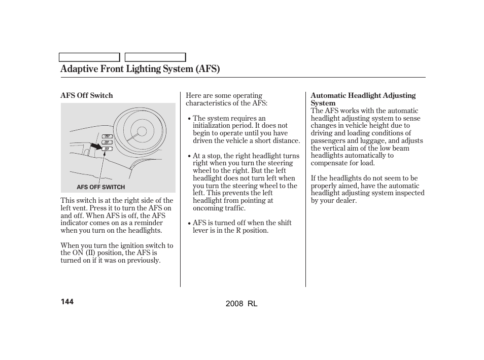 Adaptive front lighting system (afs) | Acura 2008 RL User Manual | Page 147 / 500