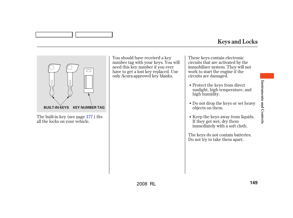 Keys and locks | Acura 2008 RL User Manual | Page 152 / 500