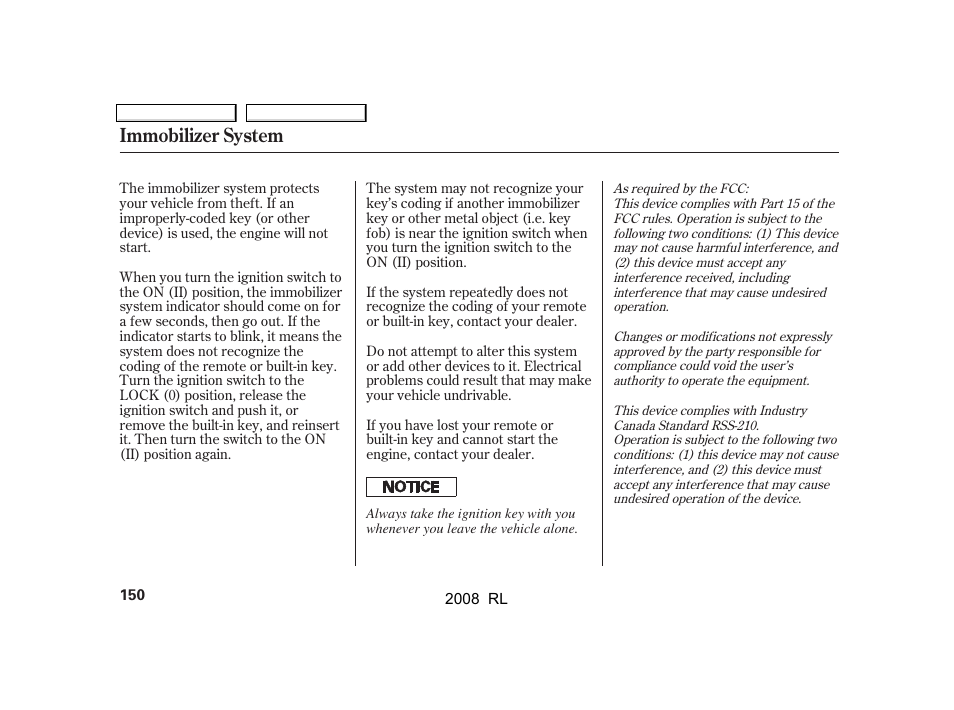 Immobilizer system | Acura 2008 RL User Manual | Page 153 / 500