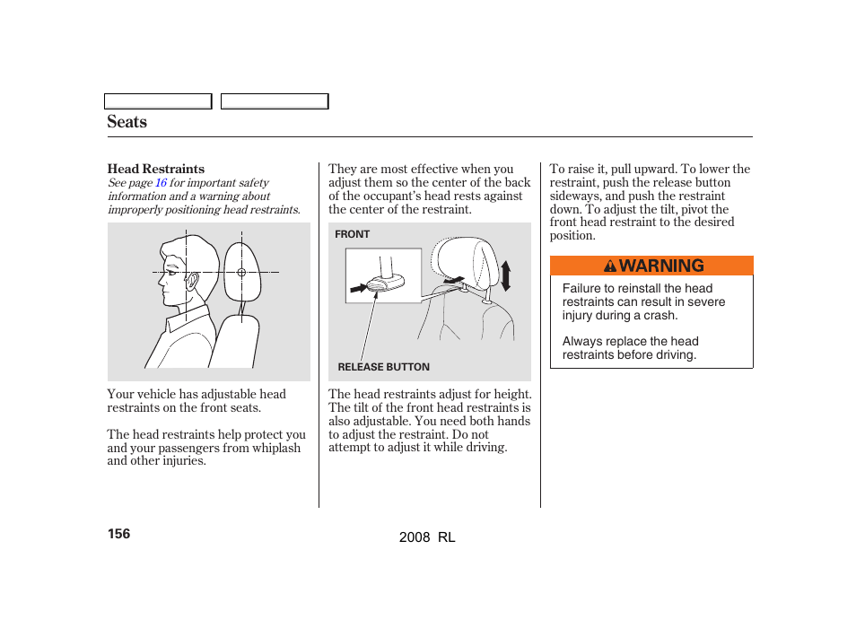 Seats | Acura 2008 RL User Manual | Page 159 / 500