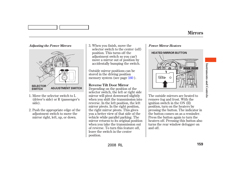 Mirrors | Acura 2008 RL User Manual | Page 162 / 500
