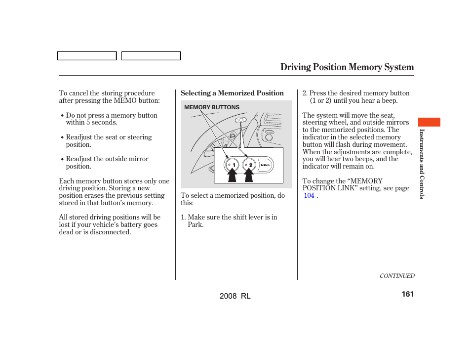 Acura 2008 RL User Manual | Page 164 / 500