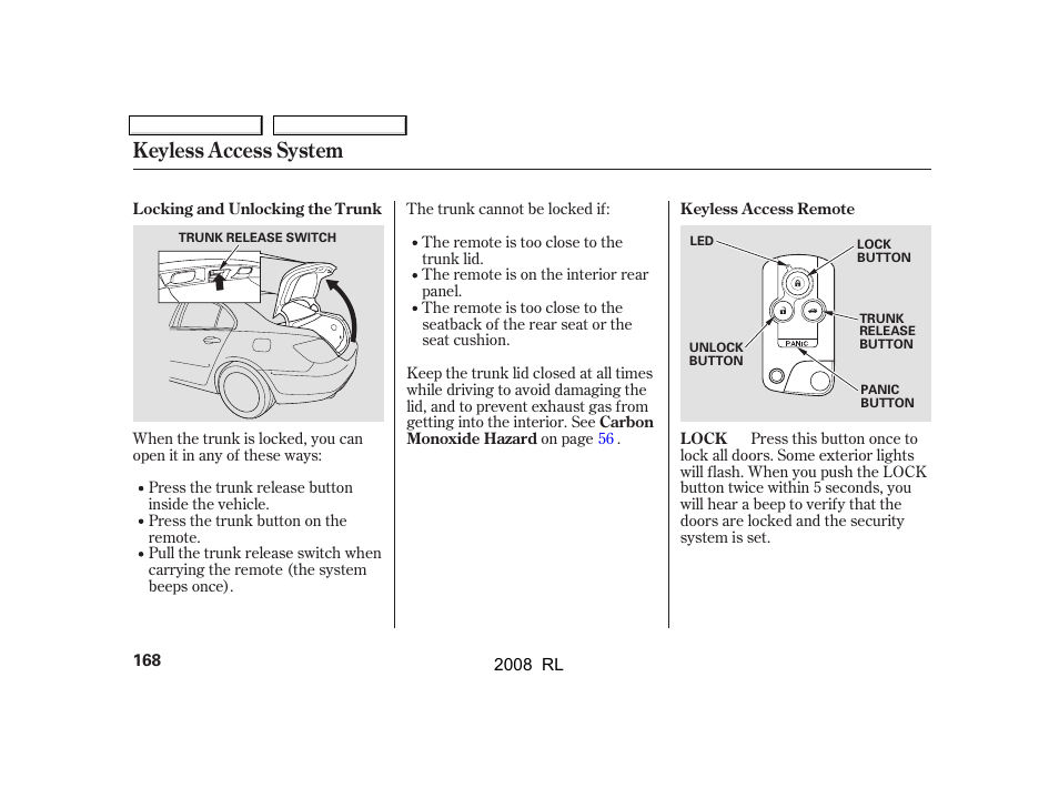 Keyless access system | Acura 2008 RL User Manual | Page 171 / 500