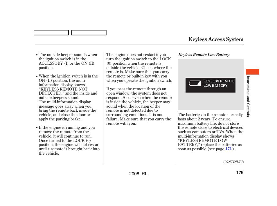 Keyless access system | Acura 2008 RL User Manual | Page 178 / 500