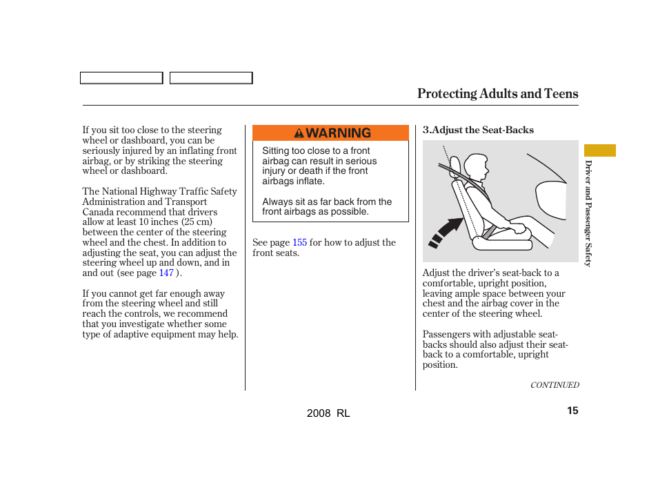 Protecting adults and teens | Acura 2008 RL User Manual | Page 18 / 500