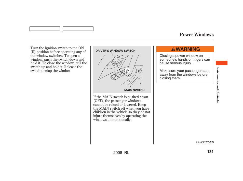 Power windows | Acura 2008 RL User Manual | Page 184 / 500