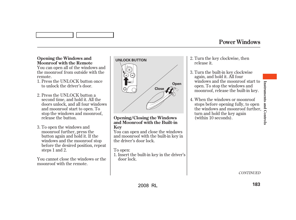 Power windows | Acura 2008 RL User Manual | Page 186 / 500