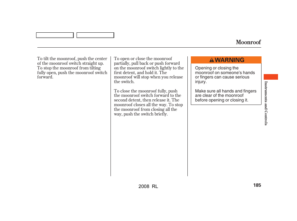 Moonroof | Acura 2008 RL User Manual | Page 188 / 500