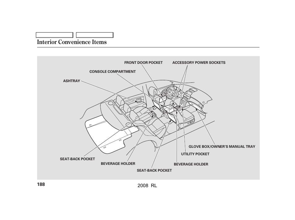 Interior convenience items | Acura 2008 RL User Manual | Page 191 / 500