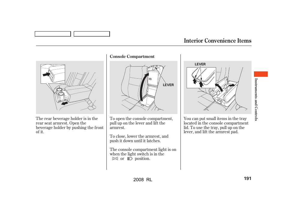 Interior convenience items | Acura 2008 RL User Manual | Page 194 / 500